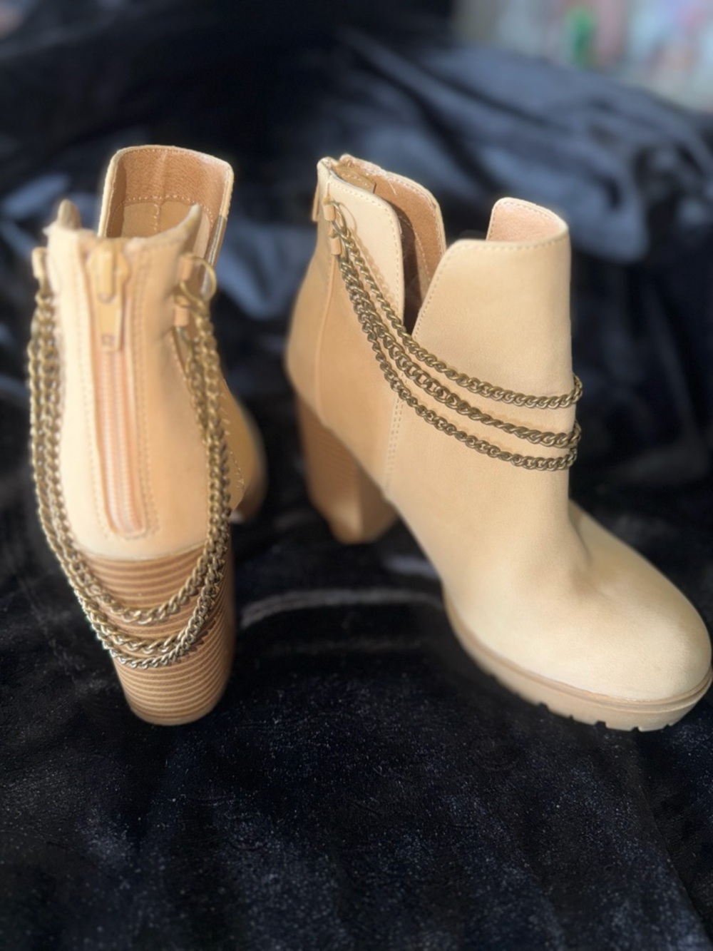 Chain-Trim Tan Ankle Booties with Block Heel